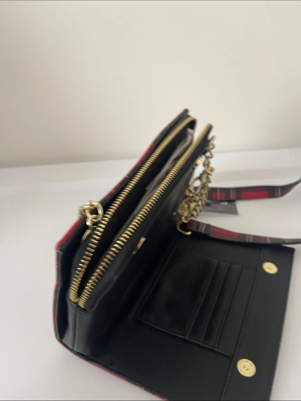 Steve Madden Red and Black Plaid Crossbody Bag with Gold Accents